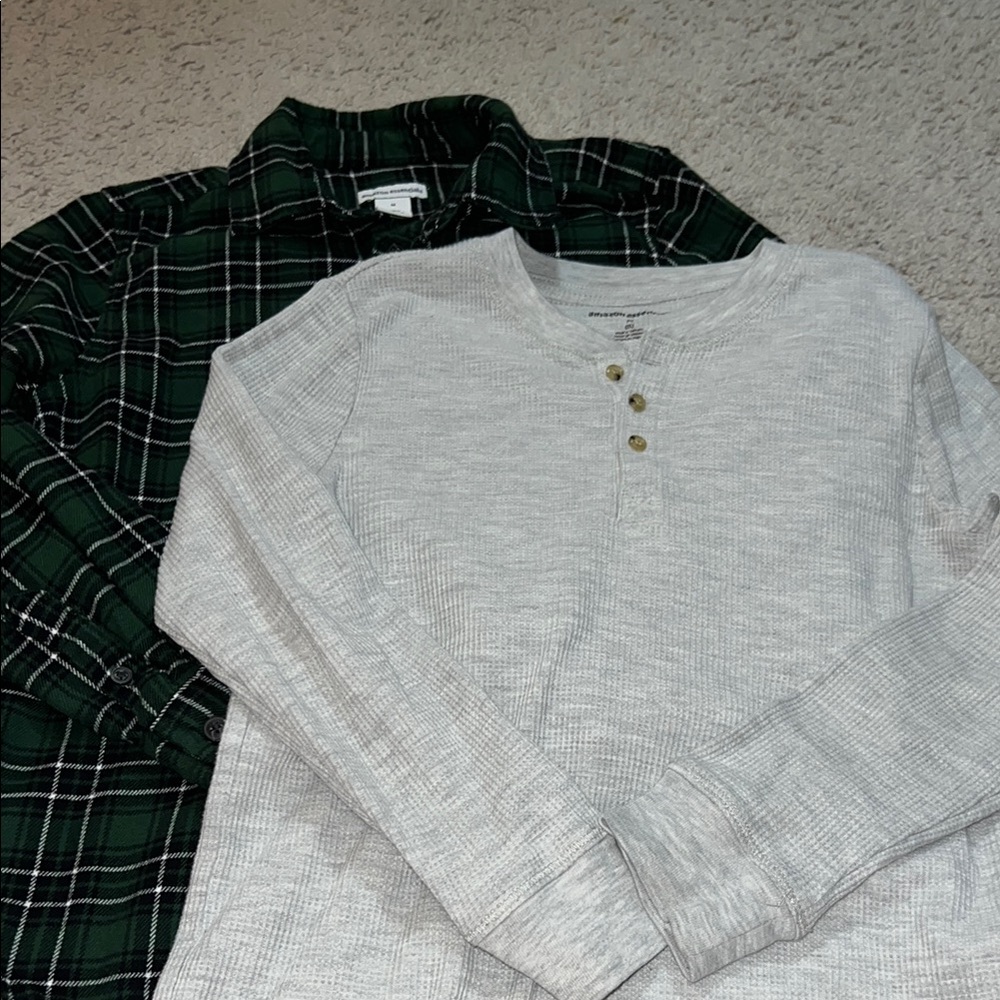 ❄️Kids Shirt Set Green Flannel Button Down and Gray Henley❄️